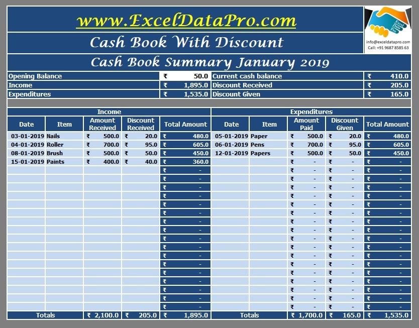 Download Cash Book Excel Template Exceldatapro