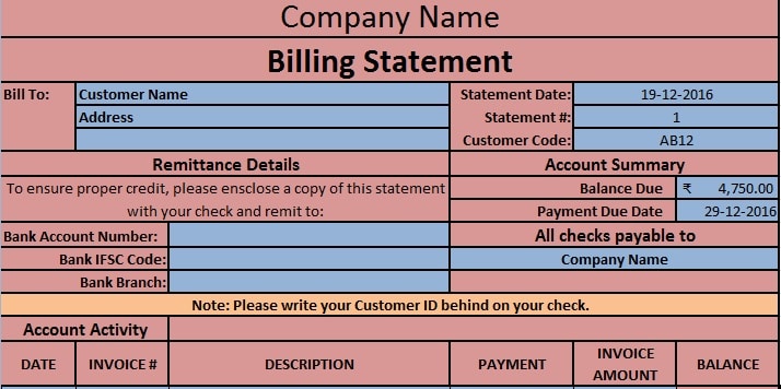 bank standard slip example deposit Billing  Download Excel  Statement ExcelDataPro Template