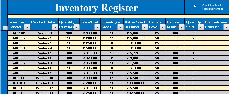 material stock register format in excel download