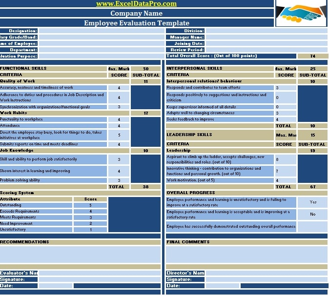 Download Employee Evaluation or Employee Performance Evaluation Excel