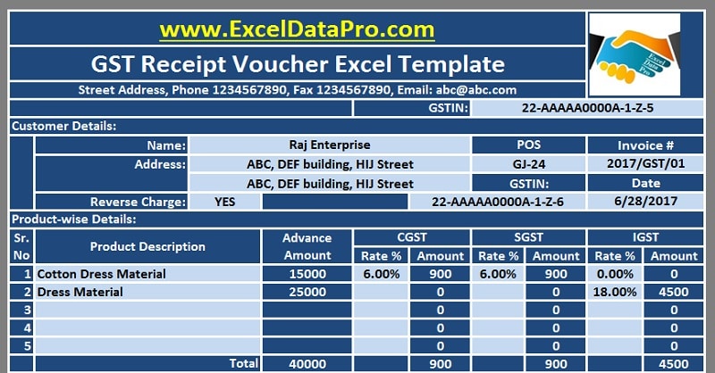 Download Gst Receipt Voucher Excel Template For Advance Payments Under Gst Exceldatapro