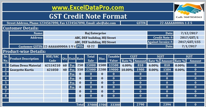 Download GST Credit Note Format In Excel Issued Against Goods Return Or