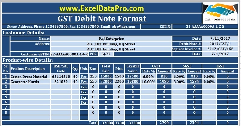 debit note sample