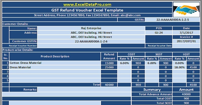 Download GST Refund Voucher Excel Template For Refunding Advance Under GST