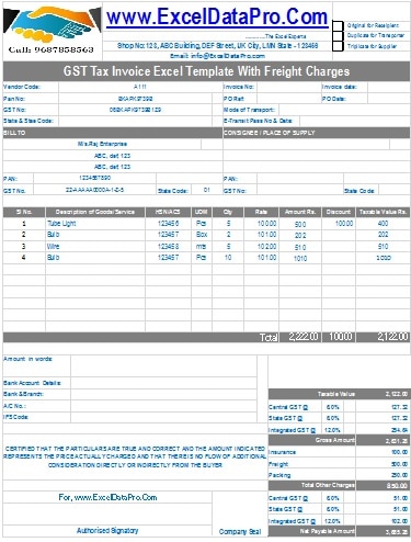 Download GST Tax Invoice Excel Template With Freight Charges - ExcelDataPro