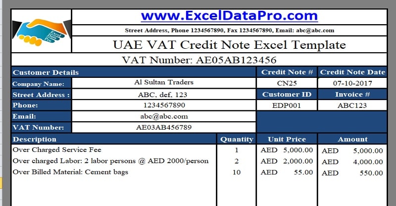 Download UAE VAT Credit Note Excel Template