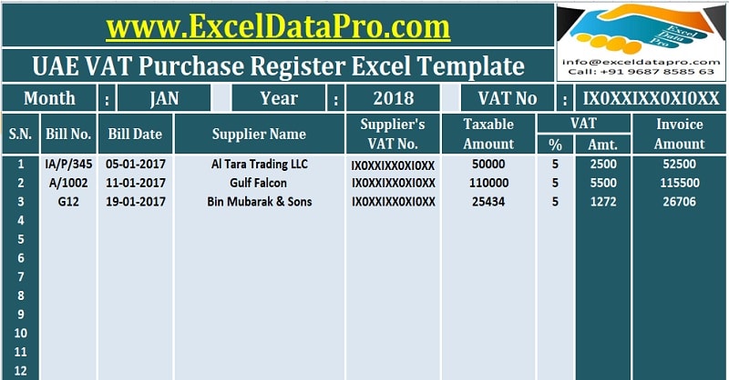 Download UAE VAT Purchase Register Excel Template