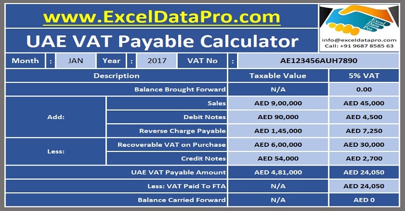 Download UAE VAT Payable Calculator Excel Template