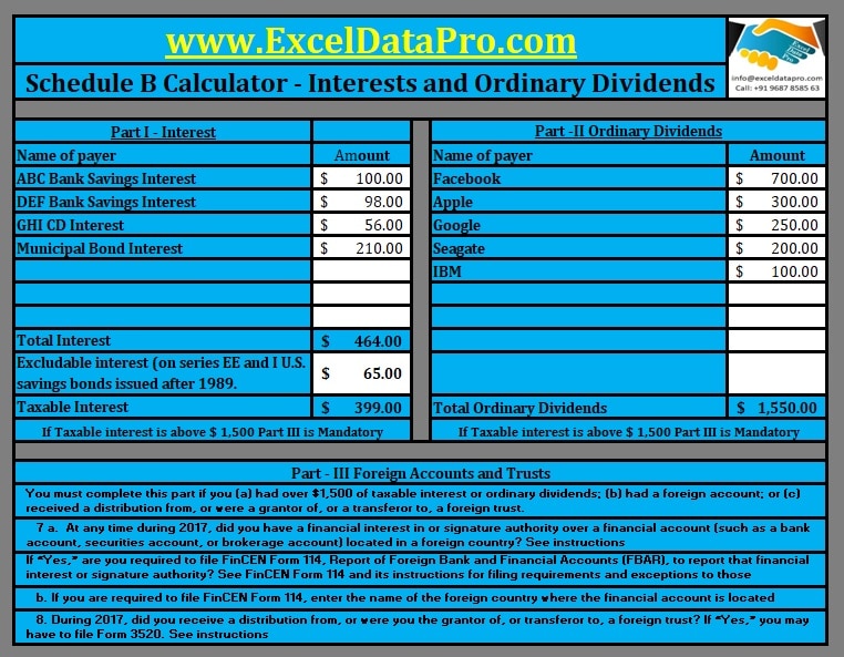 Download Schedule B Calculator Excel Template - ExcelDataPro