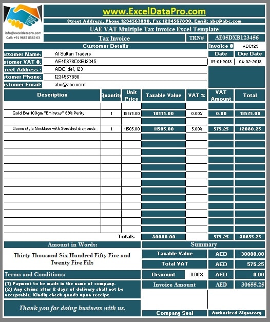 download-uae-vat-multiple-tax-invoice-excel-template-exceldatapro