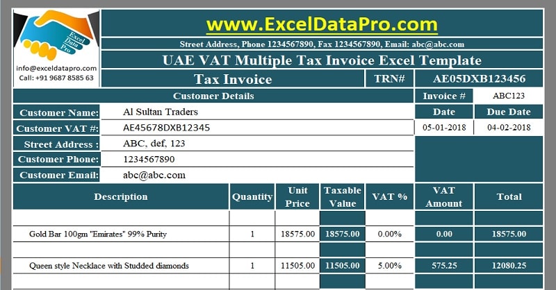 Download UAE VAT Multiple Tax Invoice Excel Template