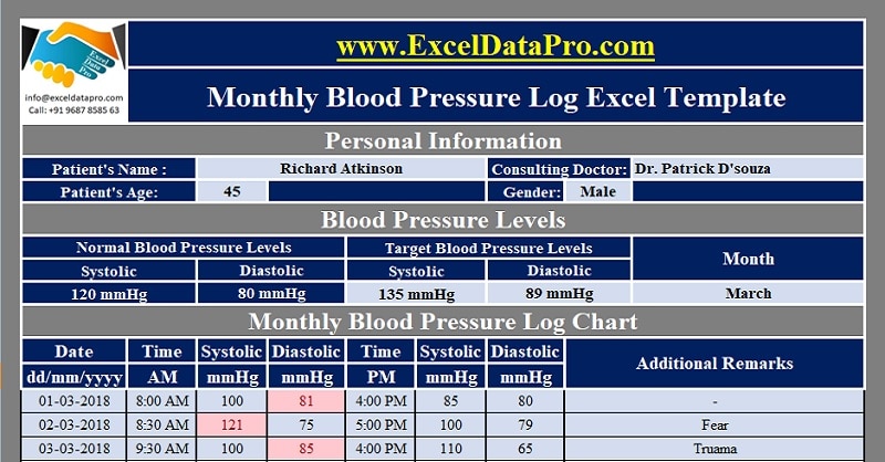 blood pressure monitoring chart excel