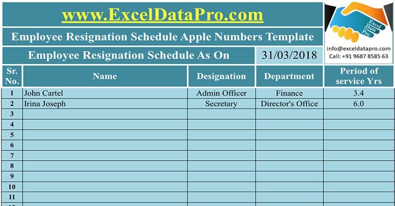 Download Employee Resignation Schedule Apple Numbers Template Exceldatapro