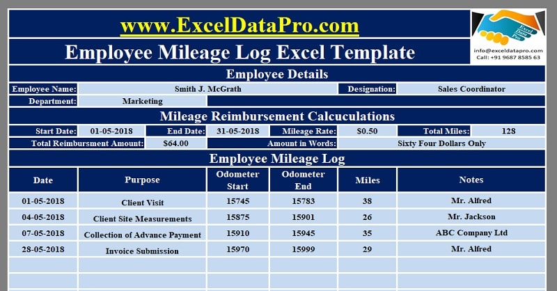 Download Employee Mileage Log Excel Template Exceldatapro