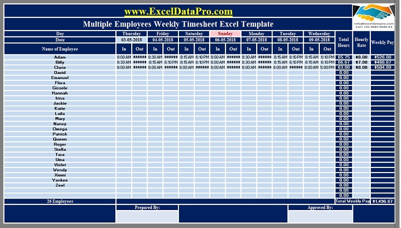Download Multiple Employees Weekly Timesheet Excel Template - ExcelDataPro