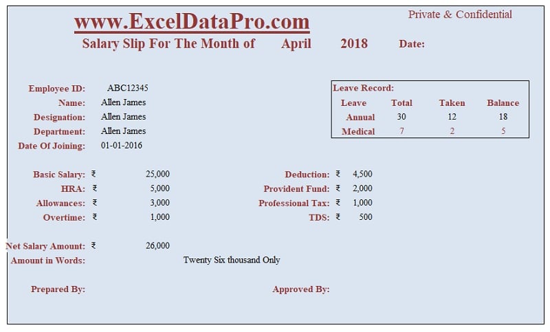 salary slip format in excel with formula in india