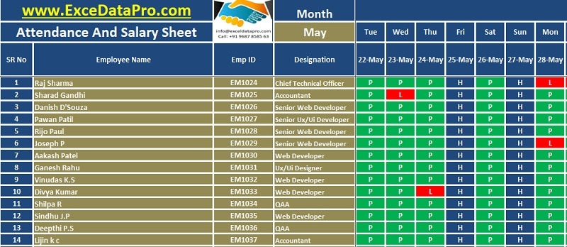 Download Salary Sheet With Attendance Register In Single Excel Template Exceldatapro