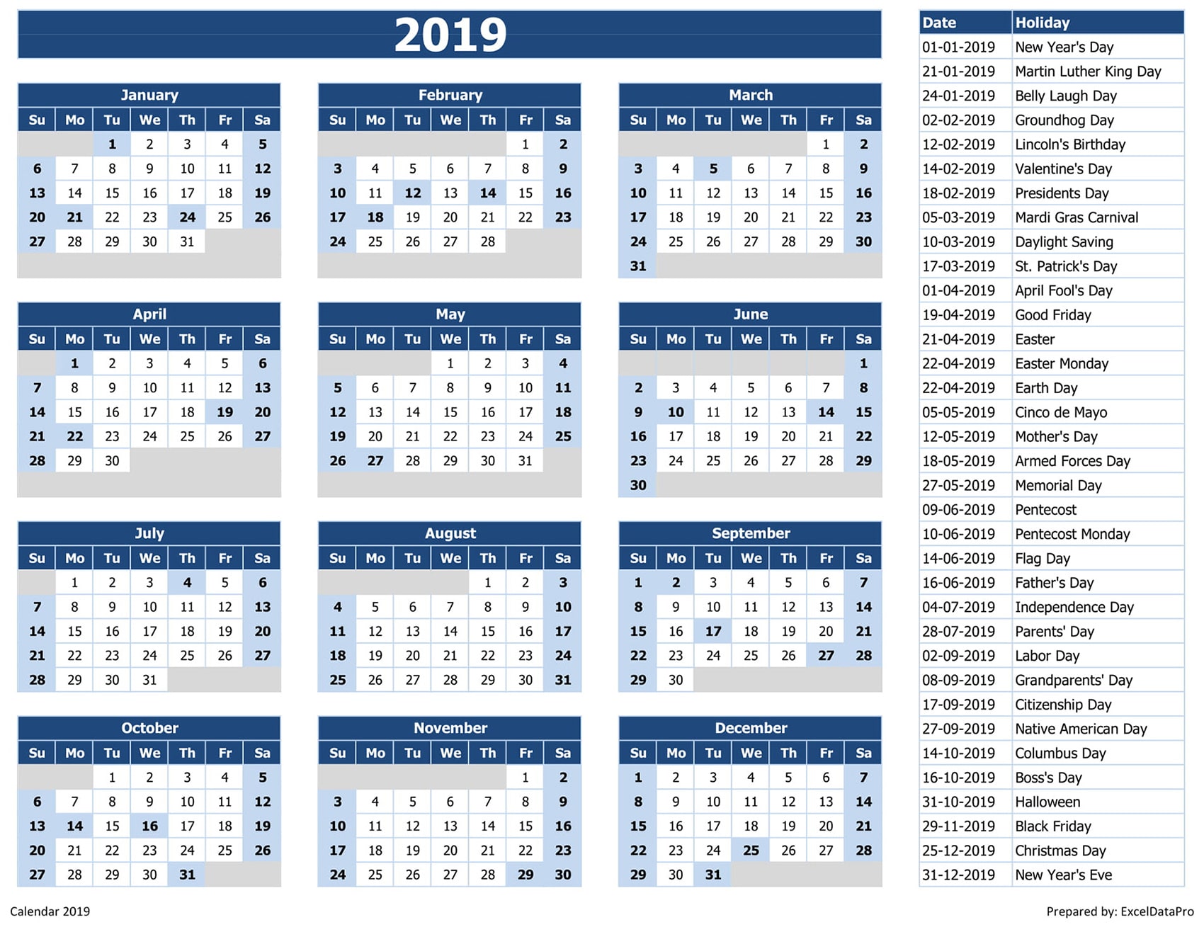 2019 Yearly Calendar Excel Template