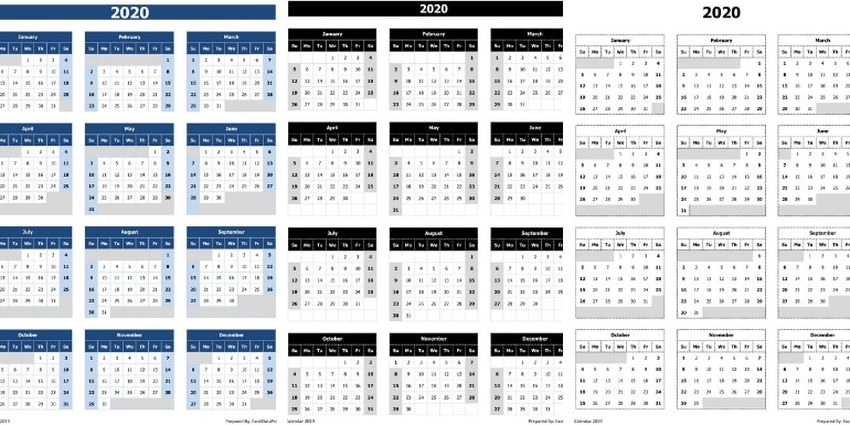  2020 Calendar Excel Templates Printable PDFs Images 