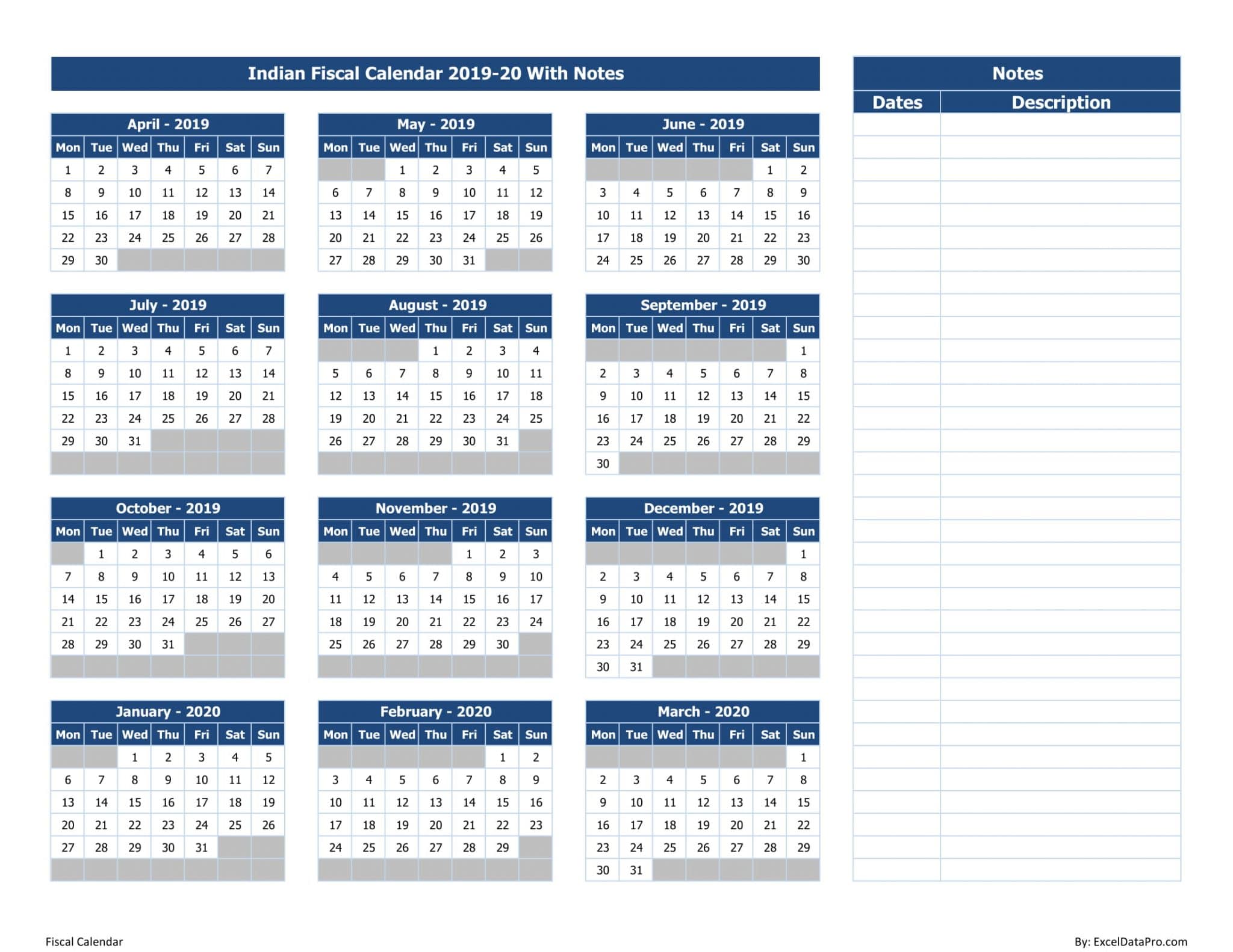 Obtain Indian Monetary Calendar 2019-20 With Notes Excel photo relating to Calendar Notes titled Obtain Indian Economical Calendar 2019-20 With Notes Excel