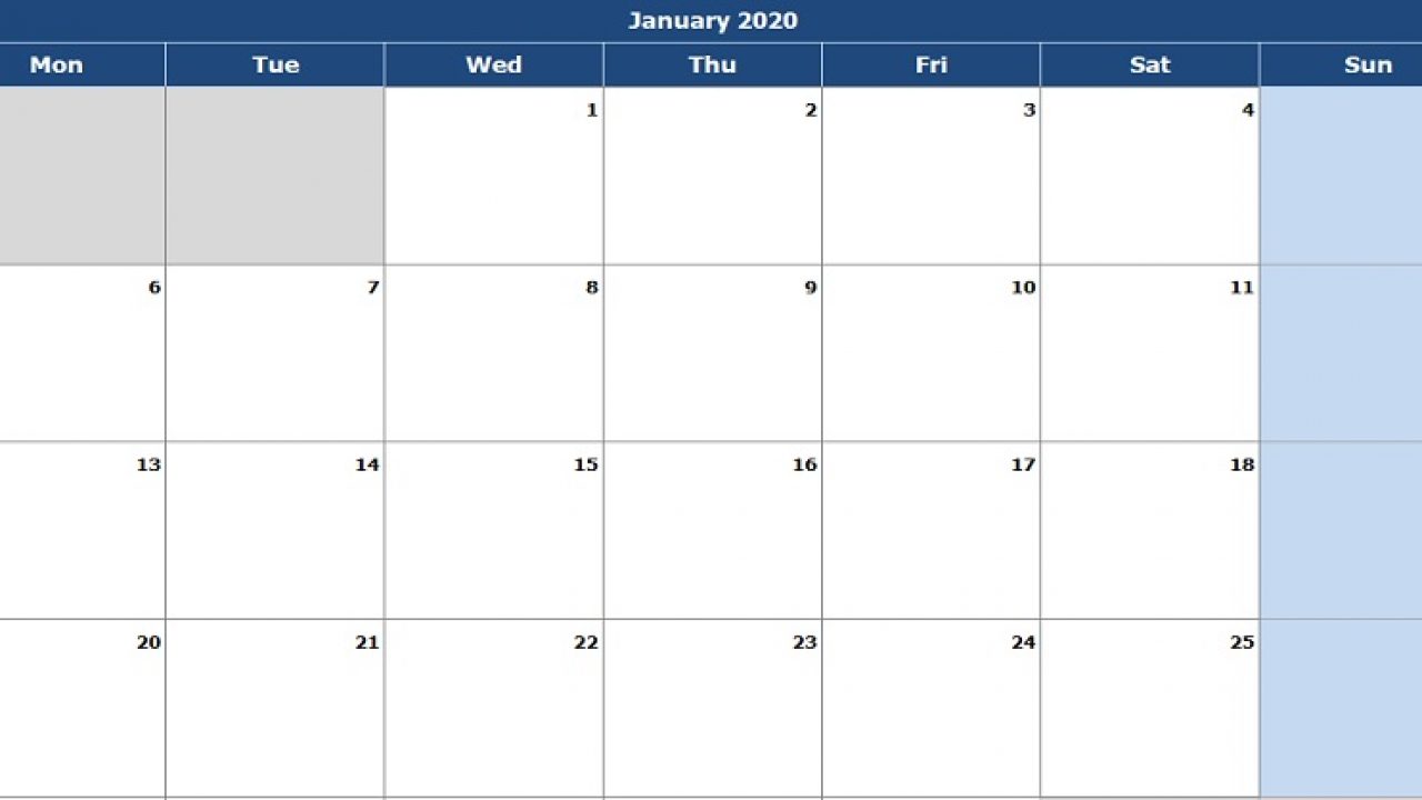 Download 2020 Monthly Calendar Mon Start Excel Template