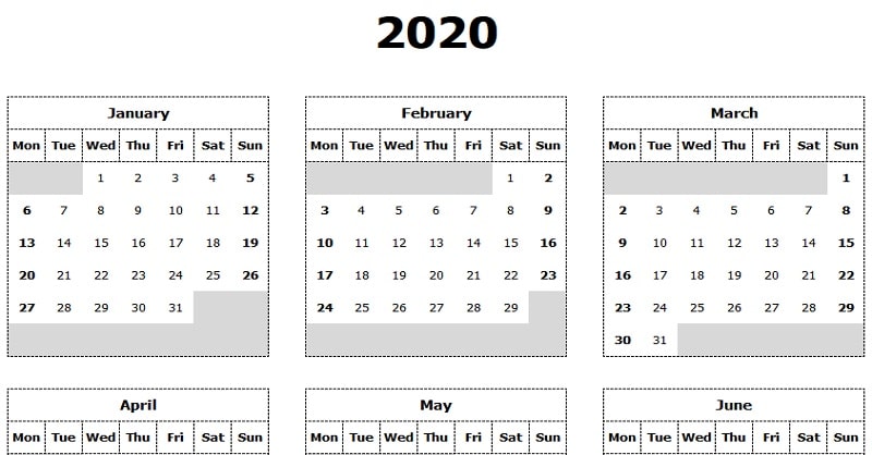 Download 2020 Yearly Calendar Mon Start Excel Template