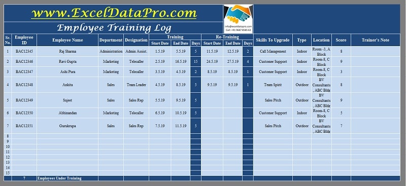 sample data for excel training