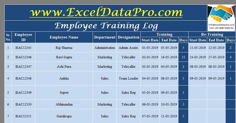 Download Employee Training Log Excel Template Exceldatapro