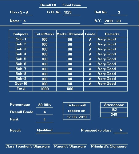 School Report Card And Mark Sheet