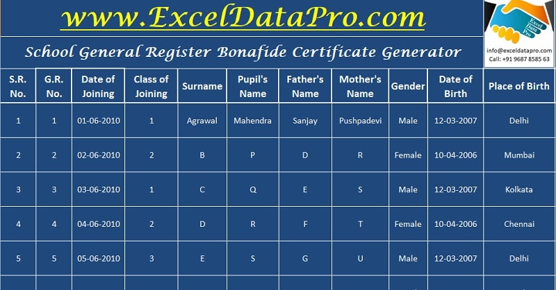 Download School General Register and Bonafide Generator Excel Template
