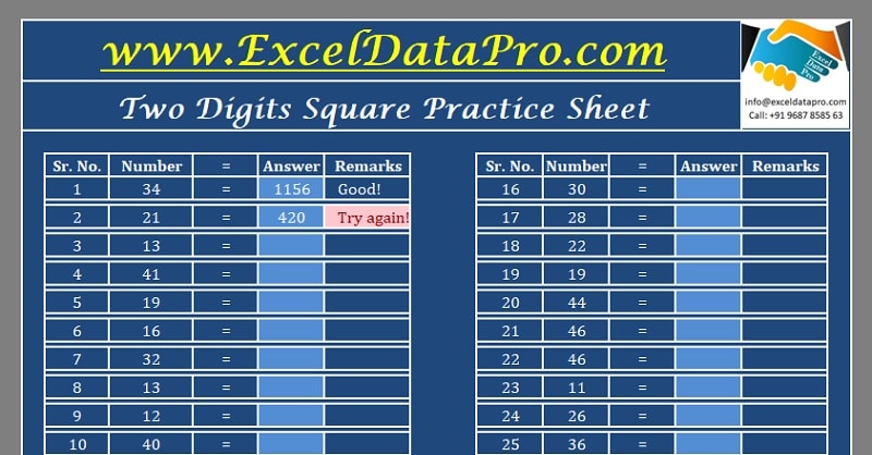 Download Squares Practice Sheet Excel Template
