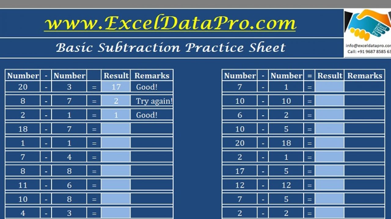 Download Basic Subtraction Practice Sheet Excel Template Exceldatapro