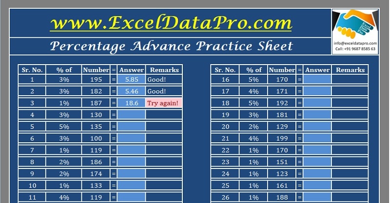 Download Percentage Practice Sheet Excel Template