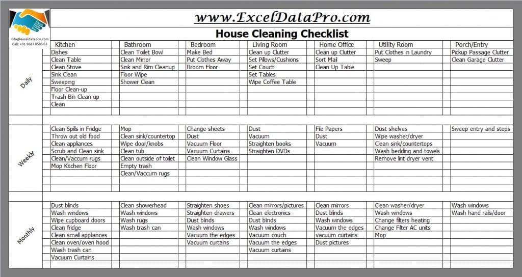 Professional House Cleaning Checklist Template Excel