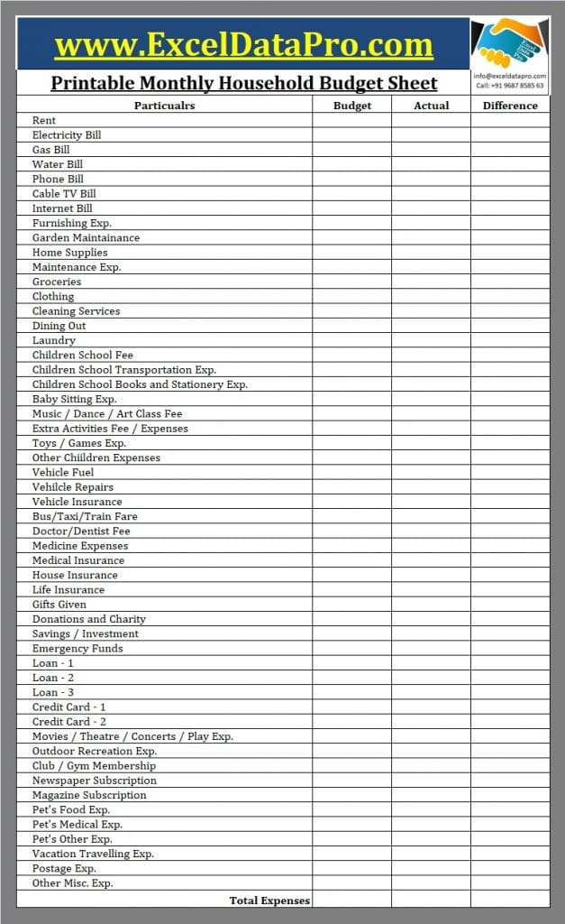 Printable Monthly Household Budget