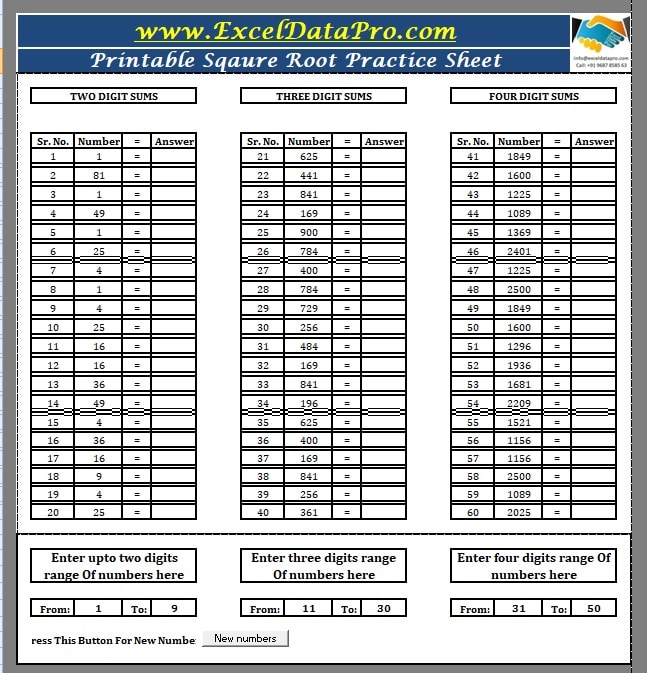 Printable Square Root Test Sheet