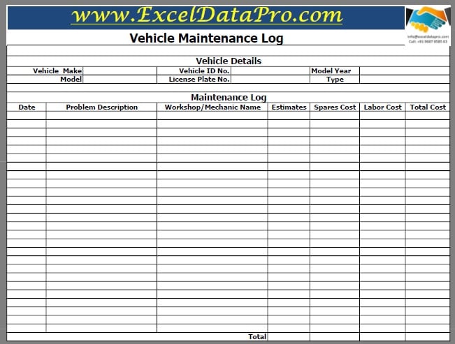 Download Vehicle Maintenance Log Excel Template ExcelDataPro