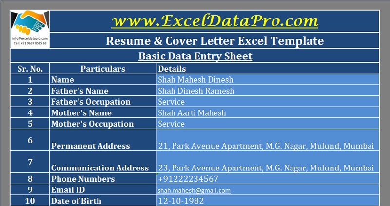 Download Resume/Cover Letter Excel Template