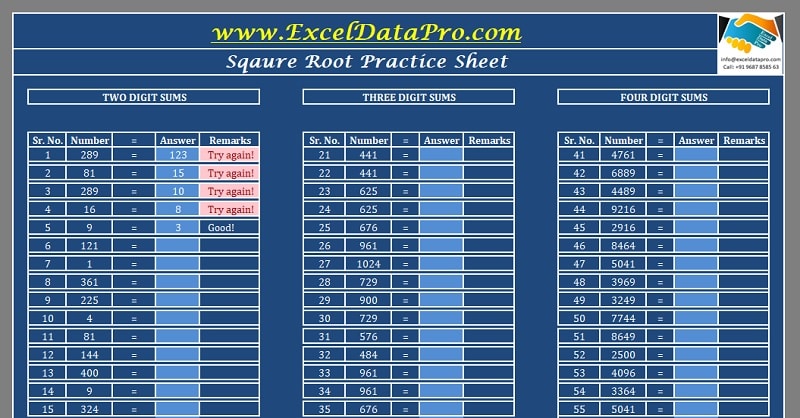 Download Square Root Practice Sheet Excel Template