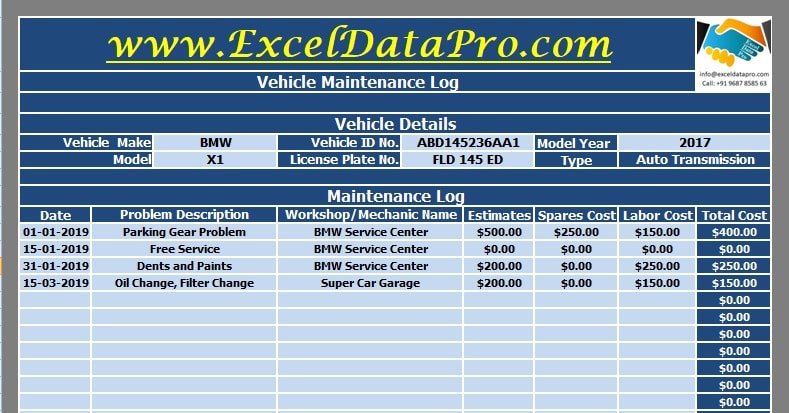 Download Vehicle Maintenance Log Excel Template ExcelDataPro