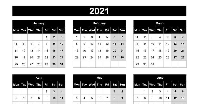 Download 2021 Yearly Calendar Mon Start Excel Template Exceldatapro