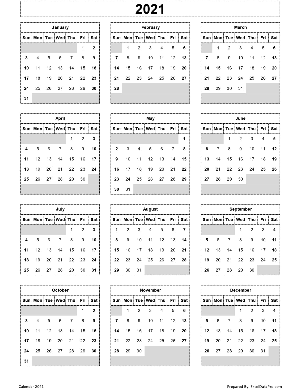 Excel 12 Month Calendar 2021 Free Printable Calendar 2021 In Pdf Word