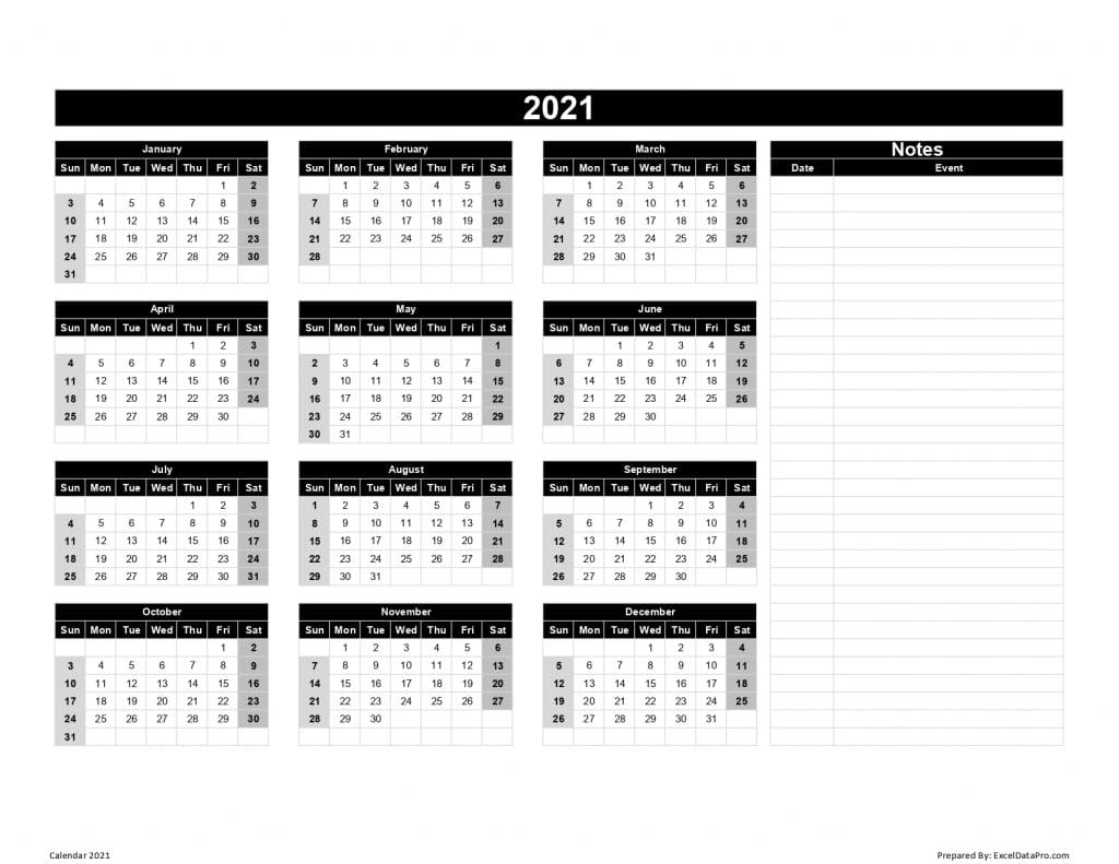 Calendar 2021 With Notes