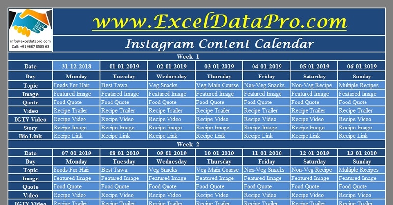 Download Instagram Content Calendar Excel Template ExcelDataPro