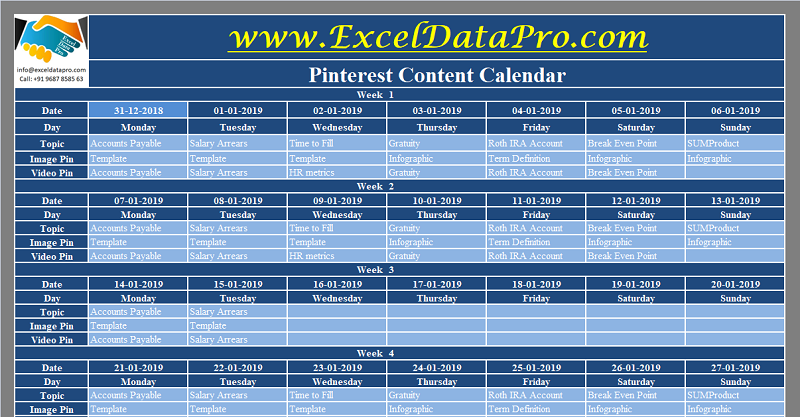 Download Pinterest Content Calendar Excel Template