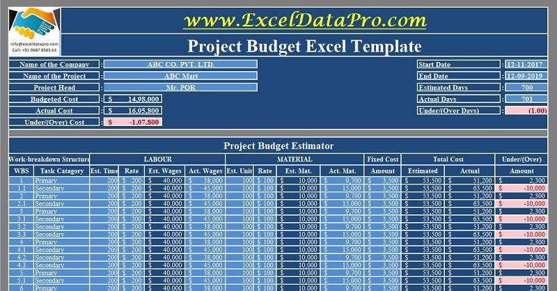 project costing excel template