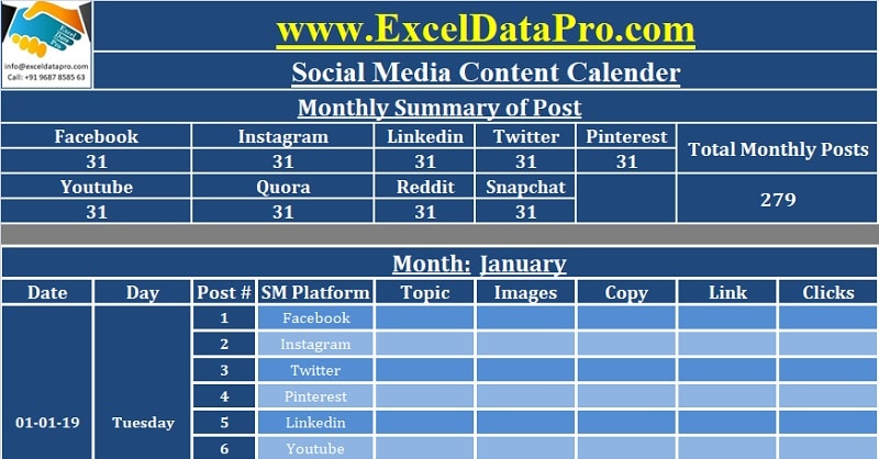 Social Media Calendar Template Download from exceldatapro.com