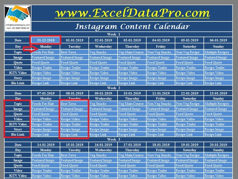 Download Instagram Content Calendar Excel Template - ExcelDataPro