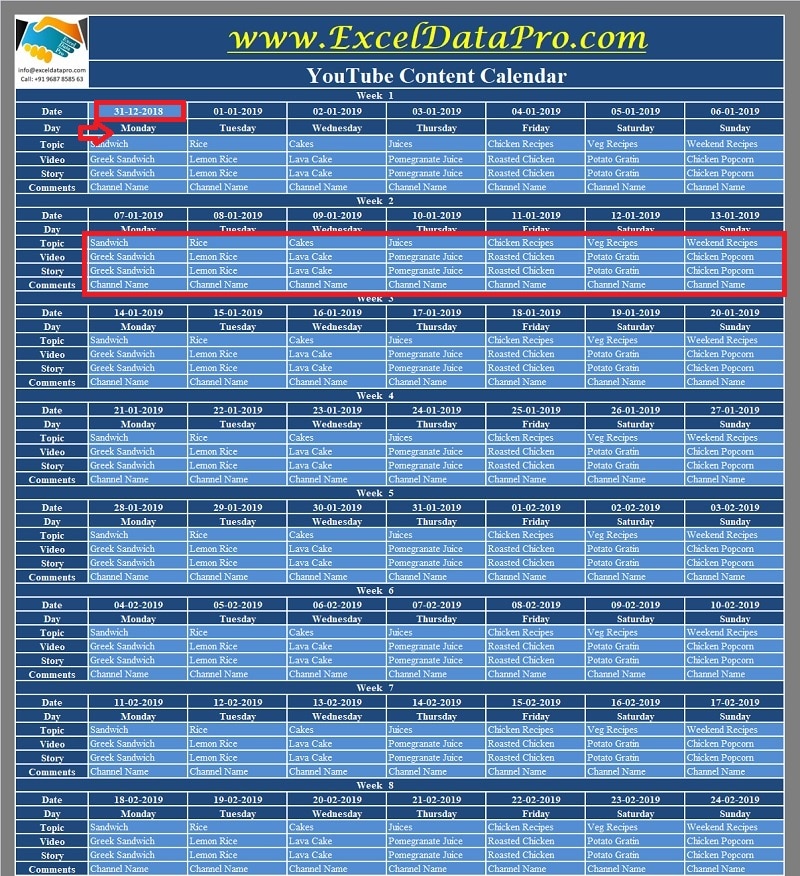 Download YouTube Content Calendar Excel Template ExcelDataPro
