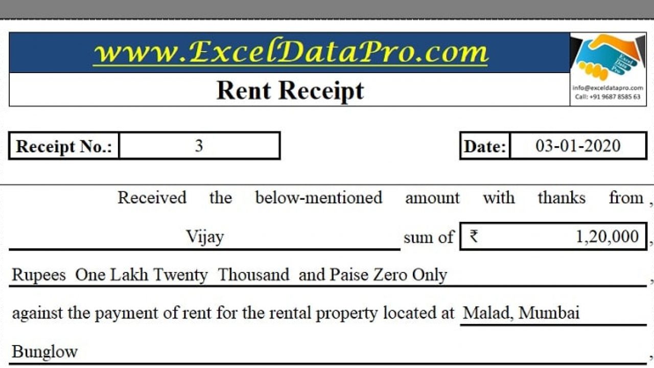 Rent Receipt Template Excel from exceldatapro.com